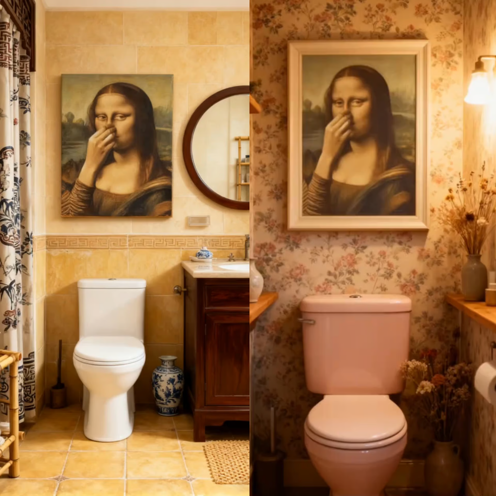 LooLisa – Vintage sjovt badeværelse Monalisa vægkunst | Et strejf af tidløs humor