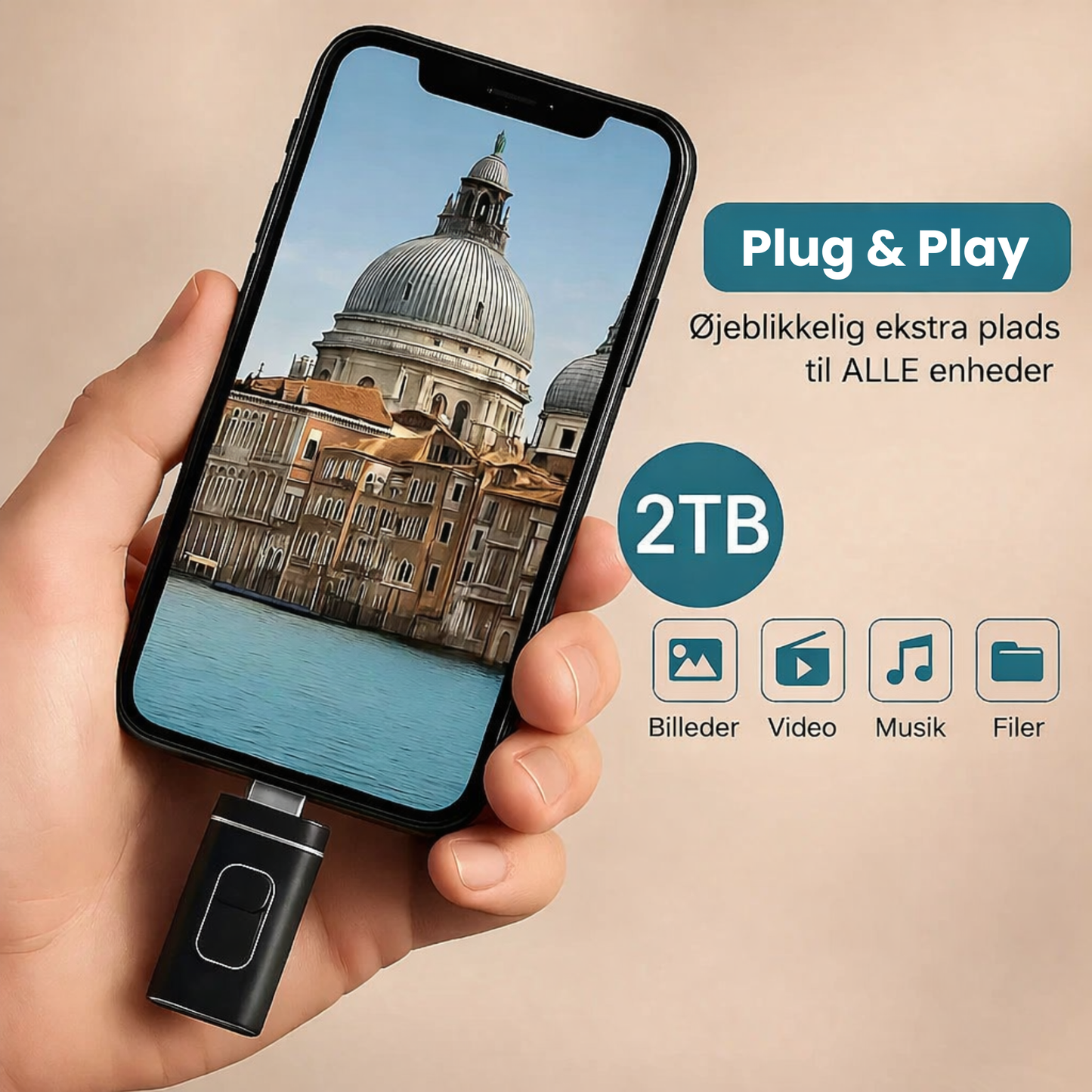 2 TB smartphone-hukommelse USB | Gem 500.000 fotos eller mere end 400 timers video